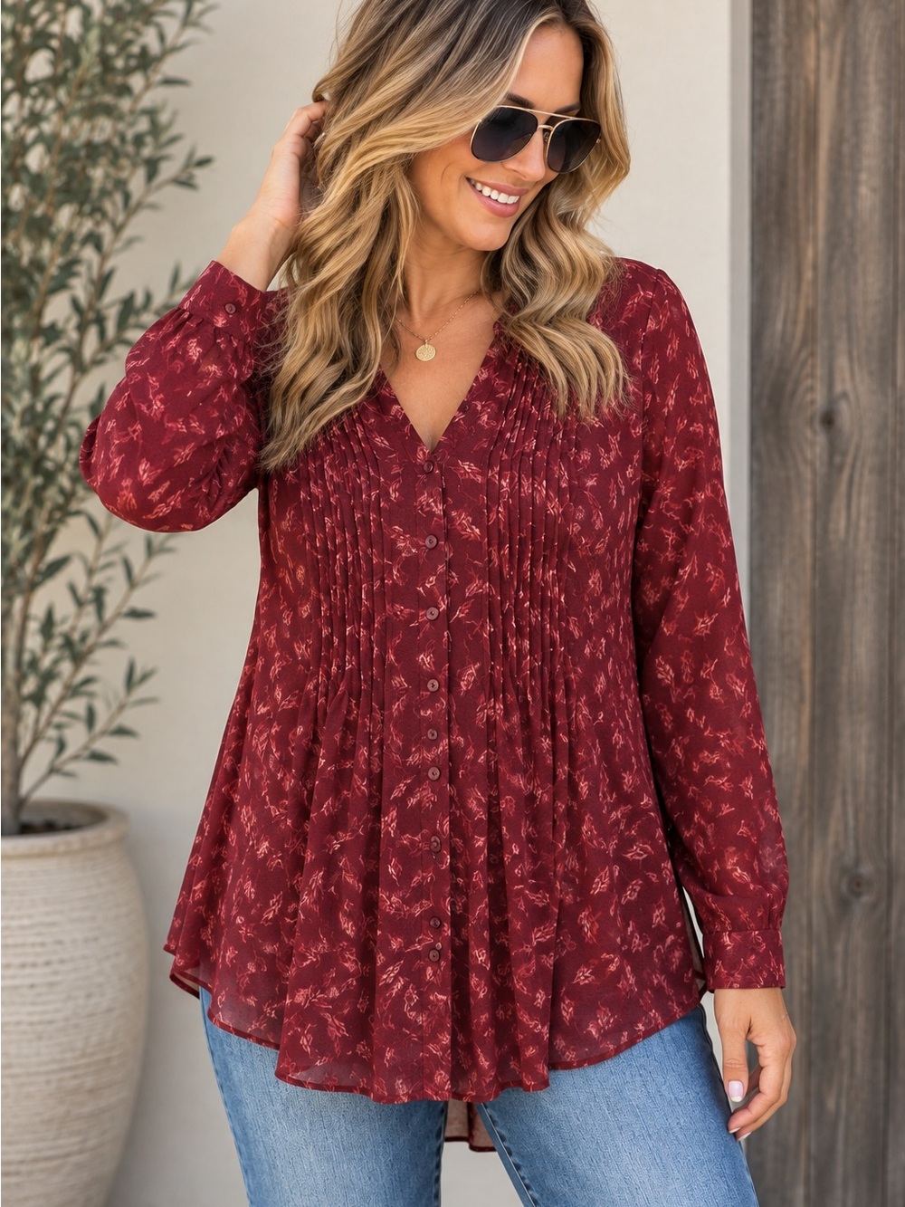 American Rag Cie 0X Burgundy Floral Button Front Boho Tunic Blouse